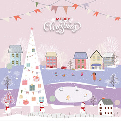 Cute Winter wonderland lanscape in the town with  houses,polar bear and kids playing ice skates, trees and car, Cartoon flat design in winter city life in holiday eve,Christmas and new year background