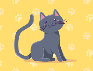 Vector illustration of happy cute gray sitting cat character on yellow color background with shadow. Flat style design of animal cat