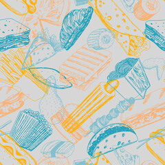 Fast food sketches seamless pattern. Delicious food colored ornament. Hand drawn vector illustration. Modern style design for decor, wallpaper, background, textile.
