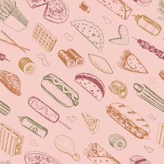 Fast food sketches seamless pattern. Delicious food colored ornament. Hand drawn vector illustration. Modern style design for decor, wallpaper, background, textile.