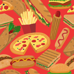 Fast food seamless pattern. Delicious food colored ornament. Cartoon vector illustration. Modern design for decor, wallpaper, background, textile.