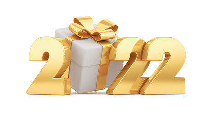 White gift with gold ribbon and gold inscription 2022 on a white background. 3d render illustration.