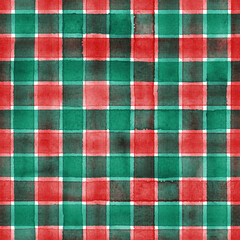 Watercolor stripe plaid seamless pattern. Red green stripes on white background