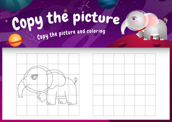 copy the picture kids game and coloring page with a cute elephant in the space galaxy