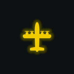 Obraz premium Airplane With Four Propellers yellow glowing neon icon
