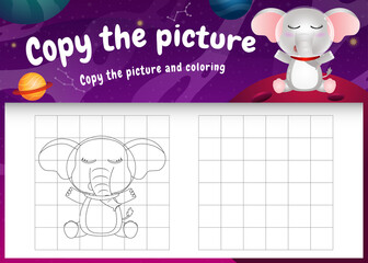 copy the picture kids game and coloring page with a cute elephant in the space galaxy