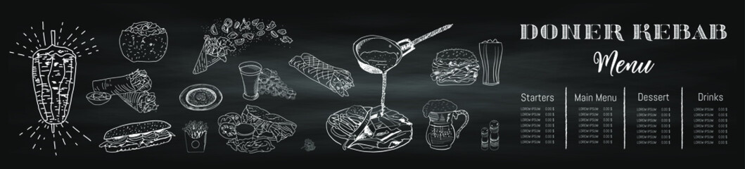 Shawarma cooking and ingredients for kebab. Doner kebab hand drawn. Middle eastern food. Fast food menu design elements. Restaurant cafe menu, template design. Food flyer. Vector.