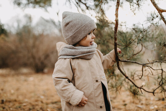 Little girl in a forest on late autumn day, holding a tree branch.