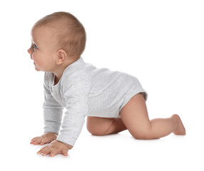 Cute little baby crawling on white background