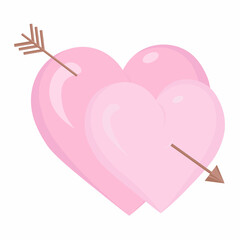 Two pink hearts pierced by a brown arrow