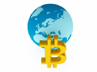 3d illustration bitcoin crypto currency world map globe 
