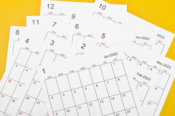 Many blank monthly 2022 calendar sheet.