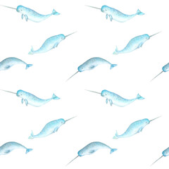 Watercolor blue teal narwhals seamless pattern background