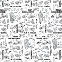 Shawarma cooking and ingredients for kebab. Seamless pattern. Vintage design template, banner. Vector.