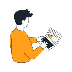 Man is working at a laptop, a flat vector illustration.