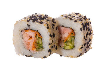 Pair of Sushi roll on the white background. Closeup of delicious japanese food with sushi roll. 