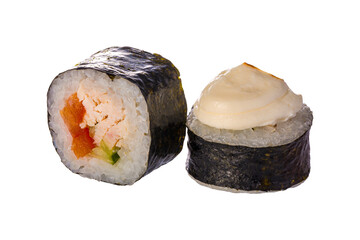 Pair of Sushi roll on the white background. Closeup of delicious japanese food with sushi roll.