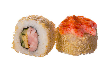 Pair of Sushi roll on the white background. Closeup of delicious japanese food with sushi roll. 
