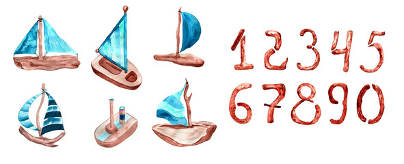 Watercolor cartoon wooden boats with blue sails. Blue wooden sailboats and brown numbers isolated on white background. Regatta, competition logo
