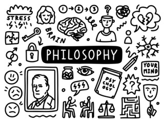 Philosophy doodle line set school university. Outline subject. Vector illustration