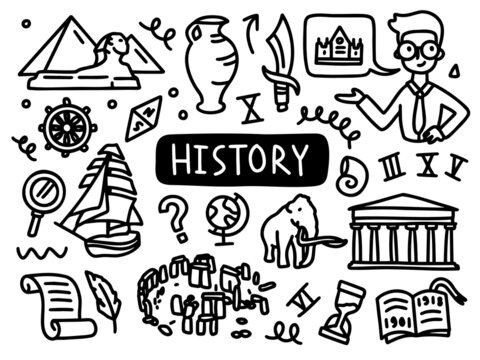 History doodle line set school university. Outline subject.