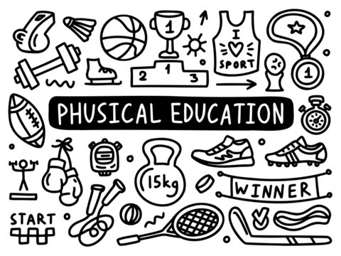 Sport Physical culture doodle line set school university. Outline subject. Vector illustration