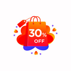 30 % off with love shopping bag icon and Sale tag discount offer price label element design. Vector special sale offer illustration template for corporate identity, Special offer tag, Super Sale label