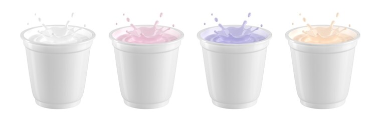 A set of plastic yoghurt packaging for different tastes.
Yogurt splash in packaging for mocap.Isolated on white background. 3D illustration