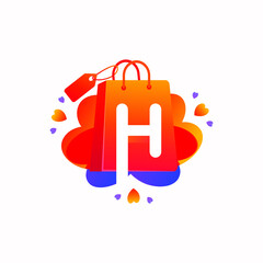 H letter with love shopping bag icon and Sale tag vector element design. H alphabet illustration template for corporate identity, Special offer tag, Super Sale label, sticker, poster etc.