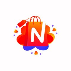 N letter with love shopping bag icon and Sale tag vector element design. N alphabet illustration template for corporate identity, Special offer tag, Super Sale label, sticker, poster etc.
