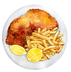 Schnitzel with French fries. Illustration watercolor