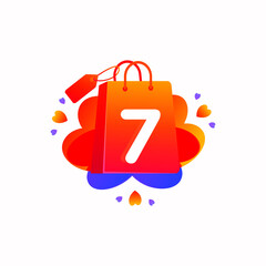 Seven Number with love shopping bag icon and Sale tag vector element design. Seven numerical illustration template for corporate identity, Special offer tag, Super Sale label, sticker, poster etc.