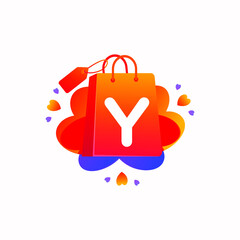 Fototapeta premium Y letter with love shopping bag icon and Sale tag vector element design. Y alphabet illustration template for corporate identity, Special offer tag, Super Sale label, sticker, poster etc.