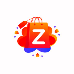 Z letter with love shopping bag icon and Sale tag vector element design. Z alphabet illustration template for corporate identity, Special offer tag, Super Sale label, sticker, poster etc.