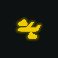 Airplane With Clouds yellow glowing neon icon