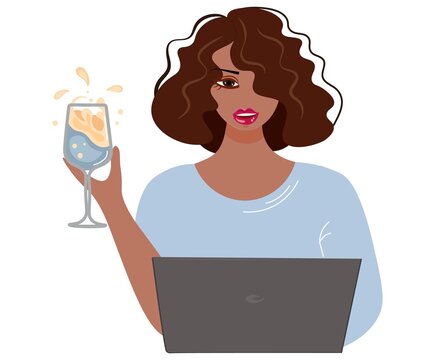 Business woman drinks champagne at the workplace. Office worker at work drinks champagne. Dark-skinned girl with laptop. Employee having fun at the workplace. Vector isolated cartoon flat illustration