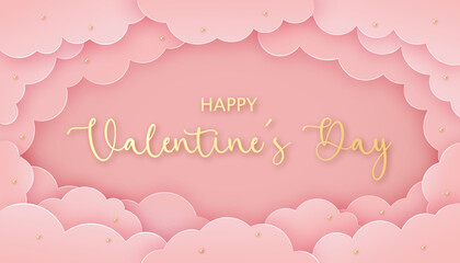 Happy Valentine's Day greeting card in paper cut style. Gold beads and paper clouds on pink background.