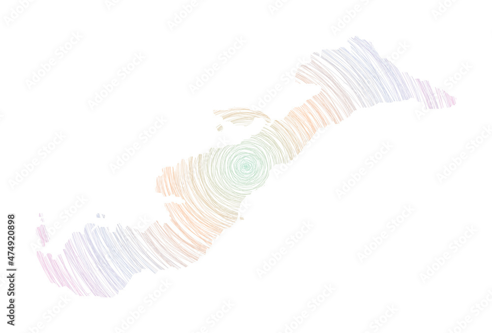 Poster amorgos map filled with concentric circles. sketch style circles in shape of the island. vector illu