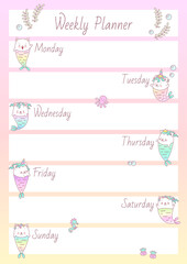 Weekly Planner. Cute organizer decorated with little mermaid kittens and sea creatures. Vector 10 ESP.