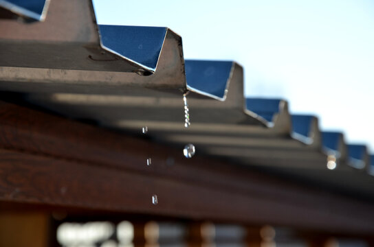 Corrugated Iron Roof, The Sheet Metal Forms A Texture Similar To Manchester Fabric. Water Drips From The Edge Of The Roof To The Ground. The Drops Tear Off Slowly. Stainless Steel Corrugated Roof