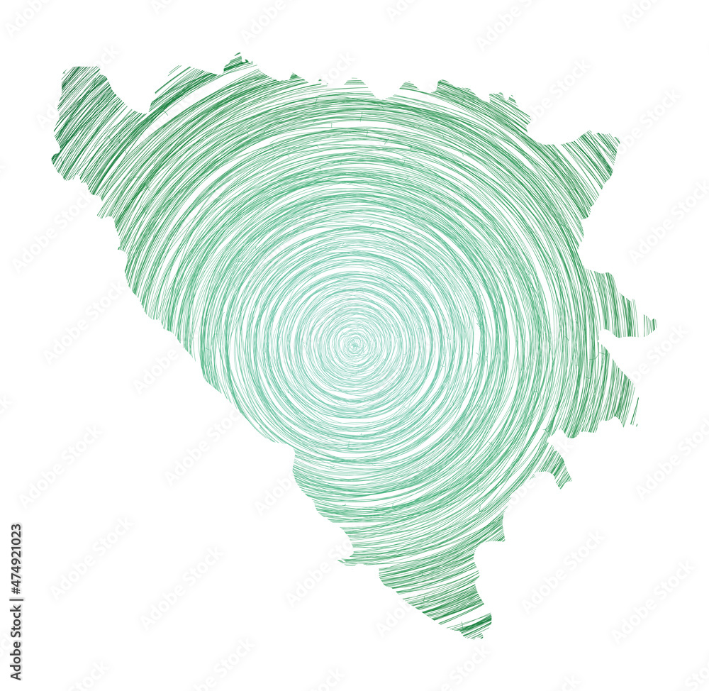 Poster bosnia map filled with concentric circles. sketch style circles in shape of the country. vector illu