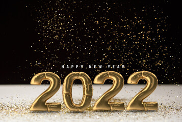 Happy New Year 2022 black background. Golden balloons of numbers and confetti. New Year and Christmas holidays concept. 3d illustration. Decorative design elements. Glitter bright. banner and post.