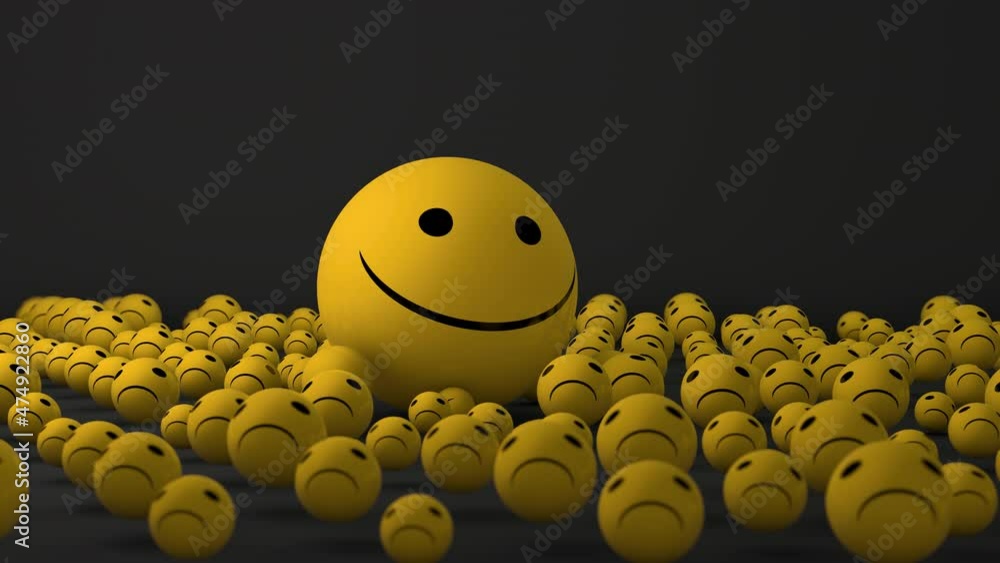 Poster 3d animation of a lot of balls with a sad face and one smiling one that grows the most. the idea of 