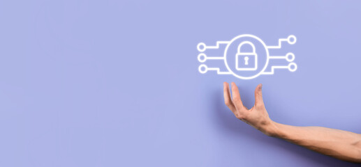 Cyber security network. Padlock icon and internet technology networking. Businessman protecting data personal information on tablet and virtual interface. Data protection privacy concept. GDPR. EU.