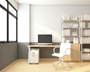 Minimalist workspace room with table and chair, desktop computer, shelf and cabinet, white picture frame. 3d rendering