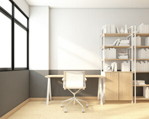 Minimalist workspace room with table and chair, shelf and cabinet. 3d rendering