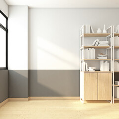 Minimalist empty room with shelf and cabinets, white and grey wall, wood floor. 3d rendering