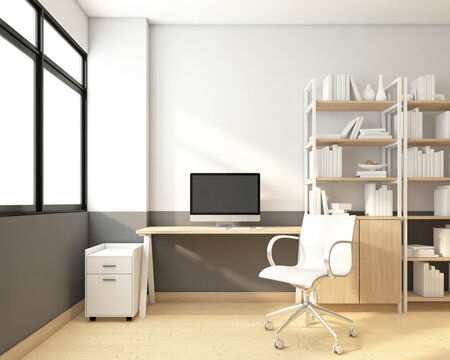 Fototapeta Minimalist workspace room with table and chair, desktop computer, shelf and cabinet, white picture frame. 3d rendering