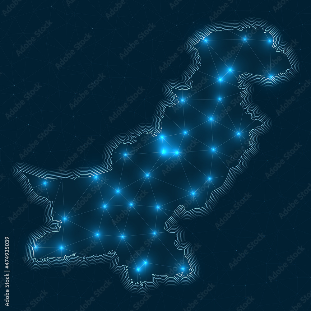 Poster pakistan network map. abstract geometric map of the country. digital connections and telecommunicati