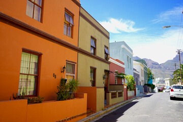 Fototapeta na wymiar Distinctive bright houses in the bo-kaap district of Cape Town, South Africa